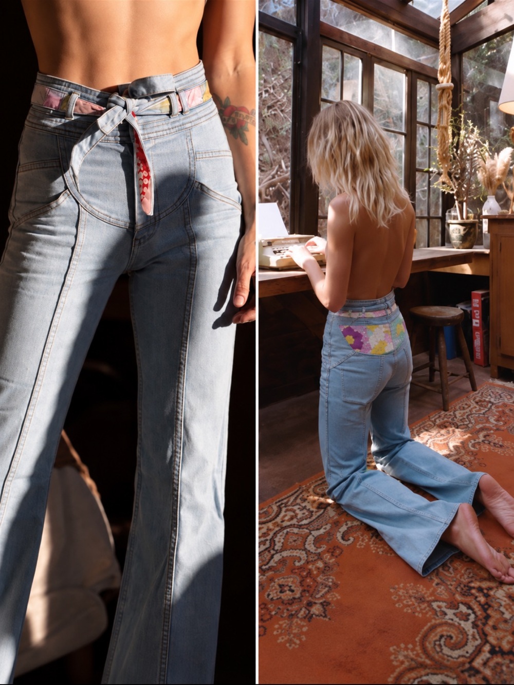 Stoned Immaculate Jeans Quilted High Rise Belted Flare in Light Wash
